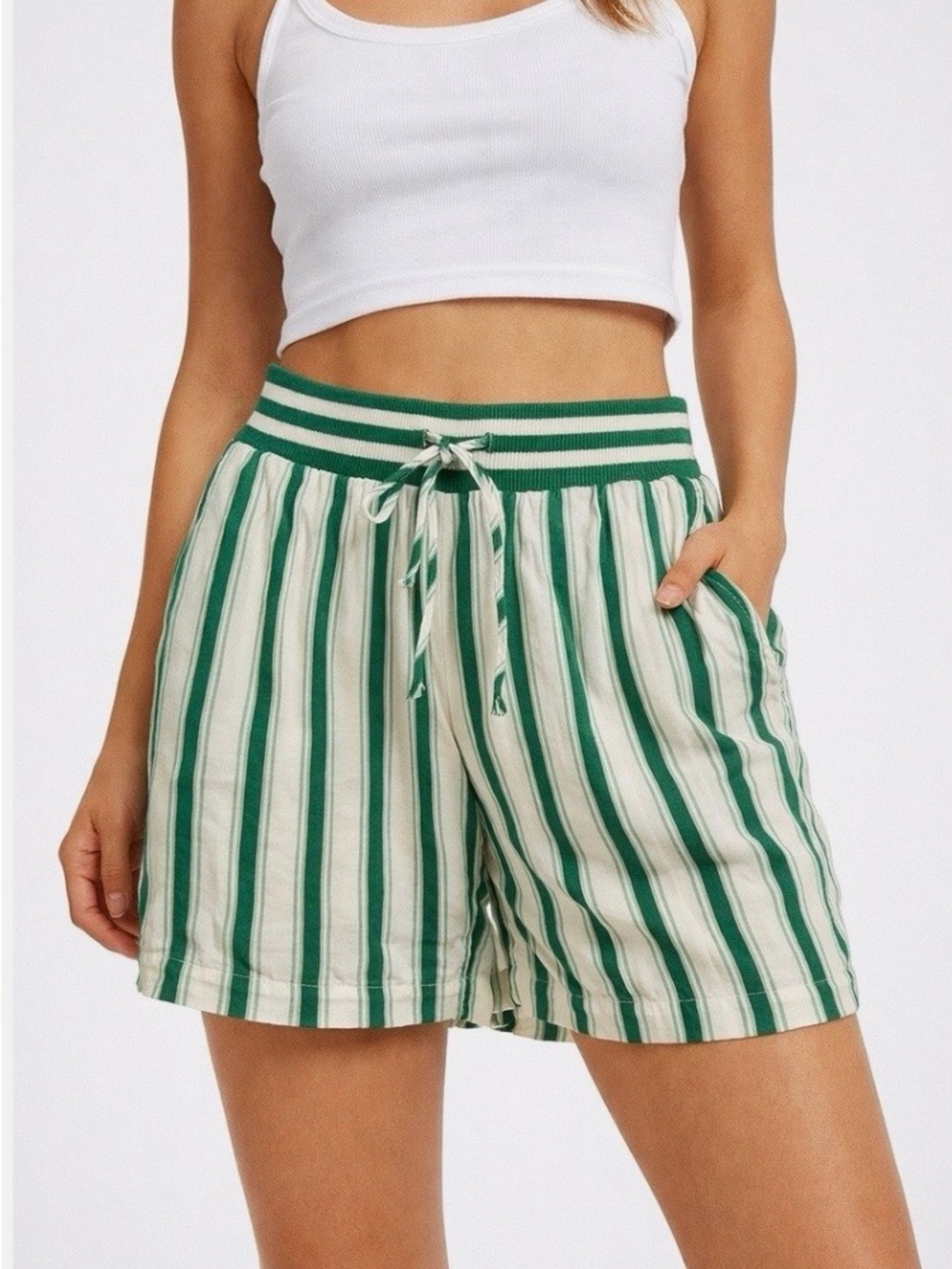 Anthropologie Green & White Striped Drawstring Shorts